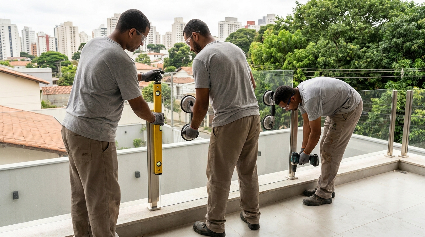 Guarda-corpo em terraço alto com vista cidade em Goiânia-GO