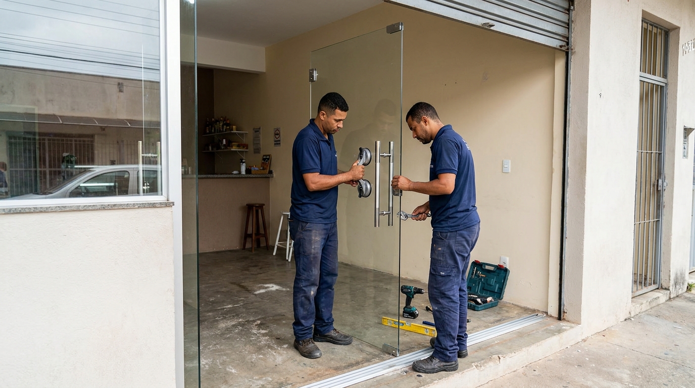 Dupla instalando porta de vidro em loja em Goiânia-GO
