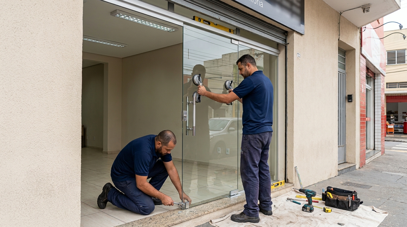 Porta de vidro com puxador inox em Goiânia-GO